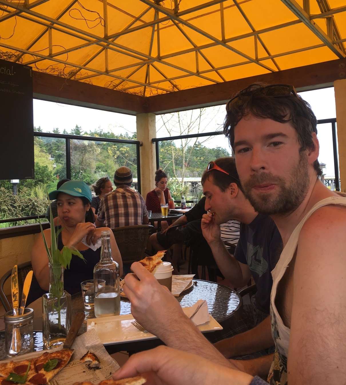 Lunch break at Galiano Oceanfront Inn and Spa. Great pizza from a wood fired oven Lunch break