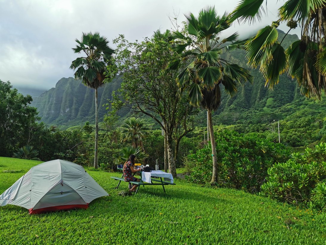 Here you can see our campsite (at Kahua Lehua). I think it was one of the base choices since it was quiet and gave a good view for the surrounding moutains. Botanical Gardens with JJ drawing