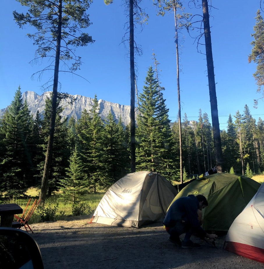 Our campsite on the next morning. Nicely located in the trees. Campsite
